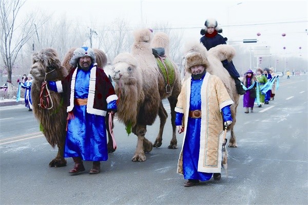 □2月15日，和布克赛尔蒙古自治县和什托洛盖镇开展了以“乡村振兴谋发展·文化润疆进万家”为主题的社火表演，搅热了乡镇。图为骆驼巡演。